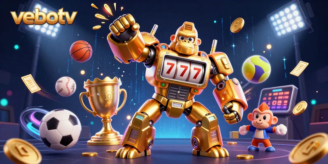Experience thrilling gameplay with vebotv featuring a dynamic 3D golden gorilla mech bursting coins.