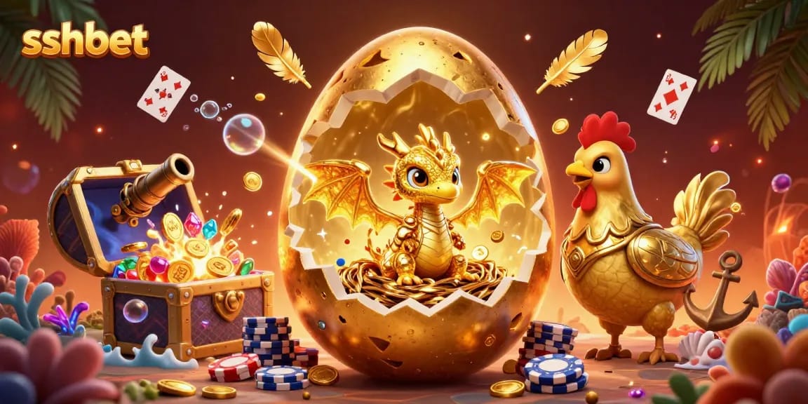 Engage with exciting games at sshbet, featuring a golden dragon guarding poker chips and treasures.