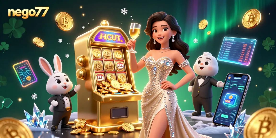 Nego77 showcases a glamorous woman celebrating beside a jackpot slot machine, bursting with coins.