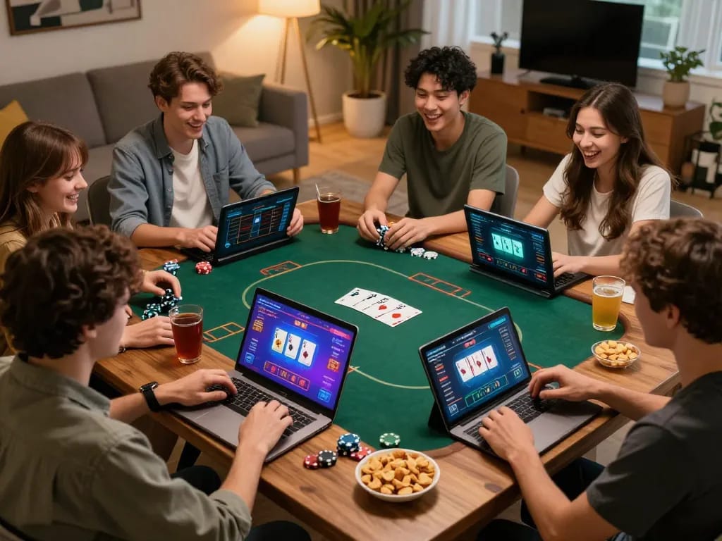 Players engaging in an immersive online casino gaming experience at home, showcasing go8s games on multiple devices, highlighting the interactive thrill.
