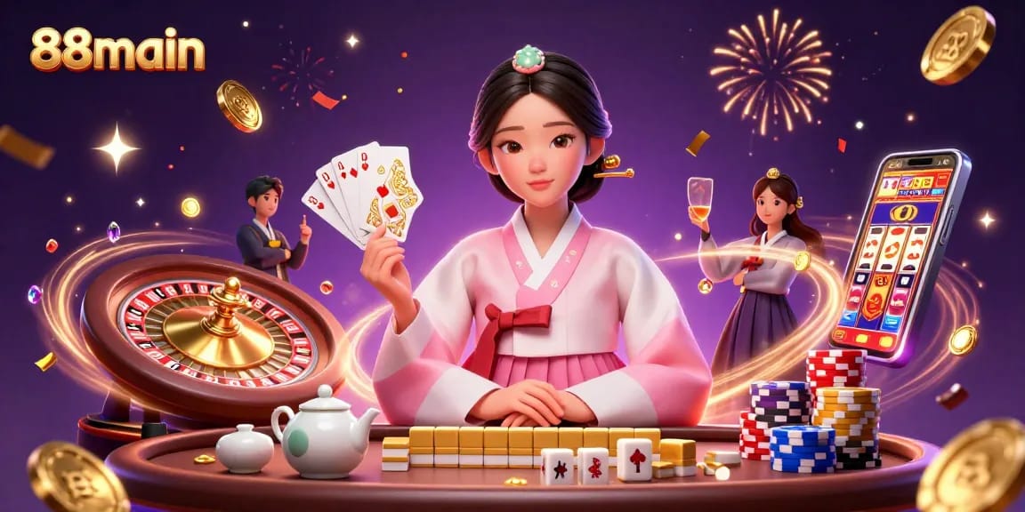 Rasakan kegembiraan permainan kasino dengan 88main yang menampilkan wanita Asia yang tenang di tengah elemen perjudian yang cerah.