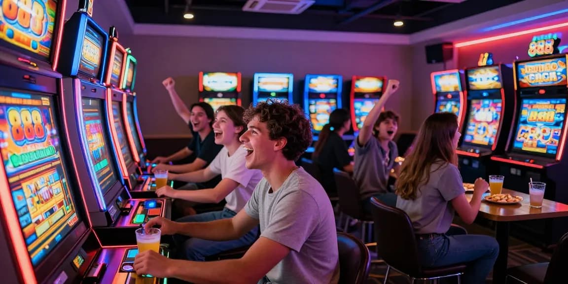 Permainan slot 888 slots di bar arcade dengan suasana ceria dan penuh semangat.