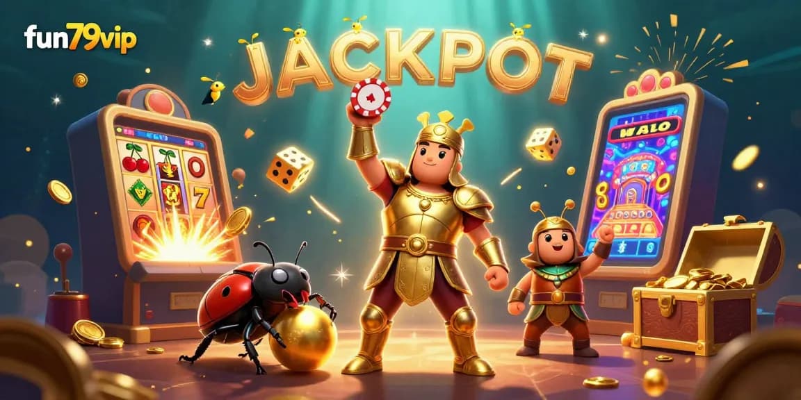 Experience the thrill of fun79vip as a victorious beetle celebrates with a jackpot explosion in a vibrant casino scene.