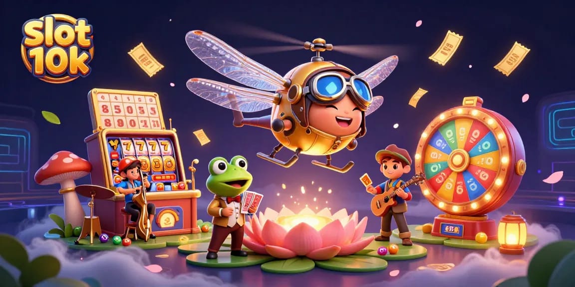 Experience excitement with slot 10k surrounded by a dragonfly pilot, frog croupier, and musical crickets.