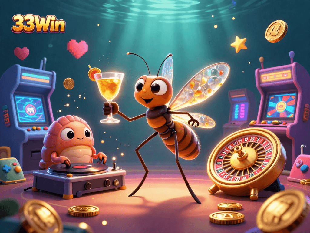 Engage in vibrant gaming fun with 33Win's lively casino-themed illustration showcasing unique characters.