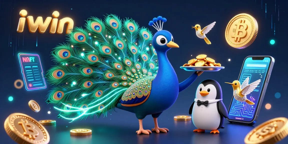 Join the excitement at iwin with a colorful 3D representation of a peacock, chips, and crypto elements.