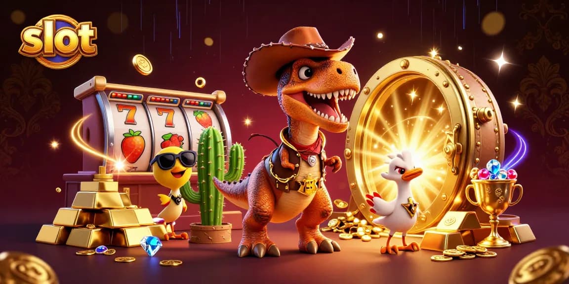 Spin the reels in style with this dynamic slot illustration featuring a dino cowboy!