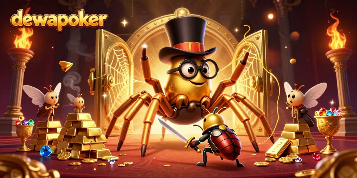 Dewapoker features a thrilling casino scene with a giant golden tarantula and a brave beetle knight in an engaging illustration.