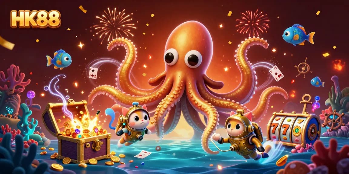 HK88 slots action with a kraken, diving cat, and vivid underwater treasures