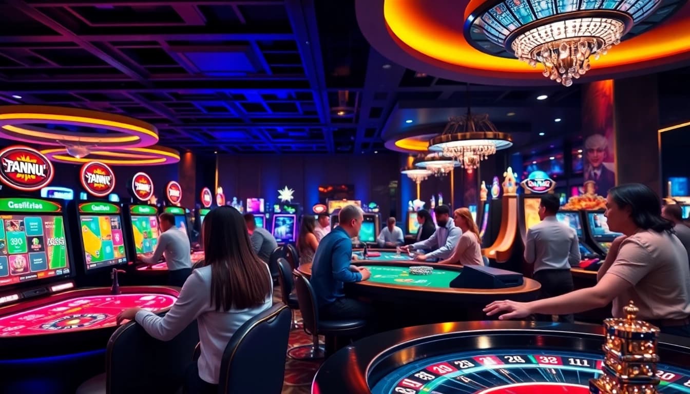 Spiele von casino online spiele in einem lebhaften Casino mit Spielern und Spieltischen.