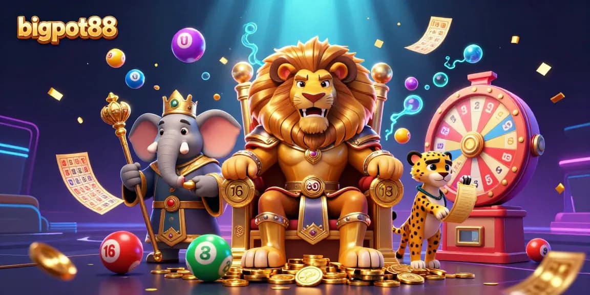 Experience the excitement of bigpot88 with vivid 3D illustration of a lion king, elephant advisor, and cheetah in a dynamic lottery scene.