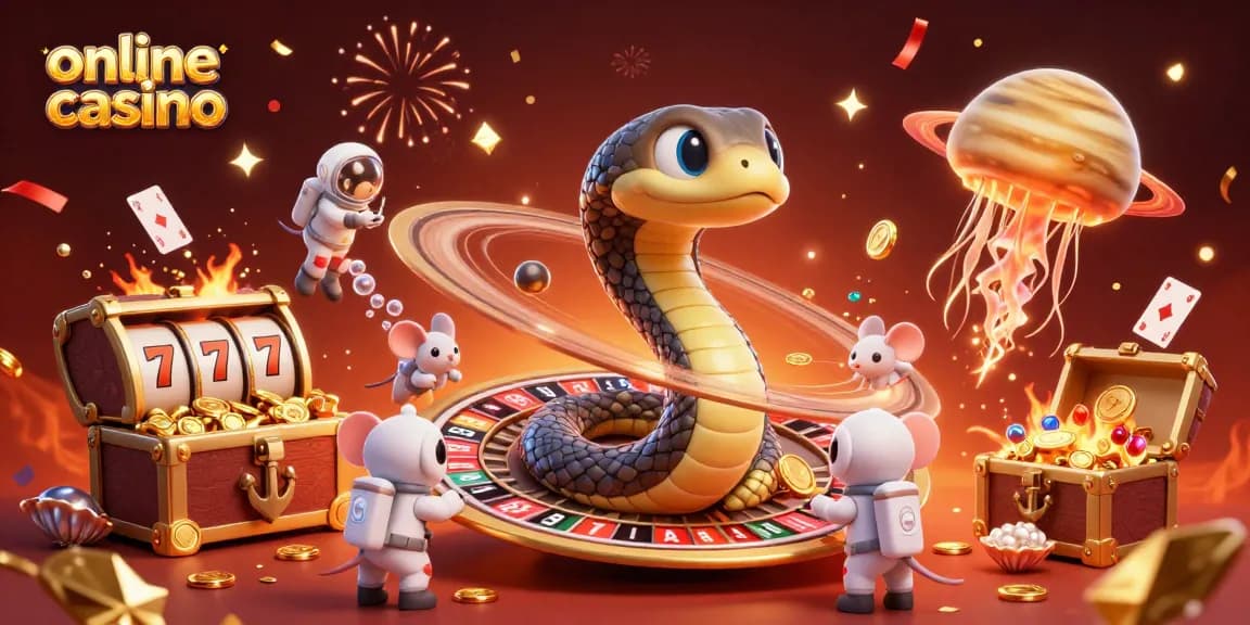Engaging online casino scene with a Saturn snake roulette wheel and astronaut mice betting.
