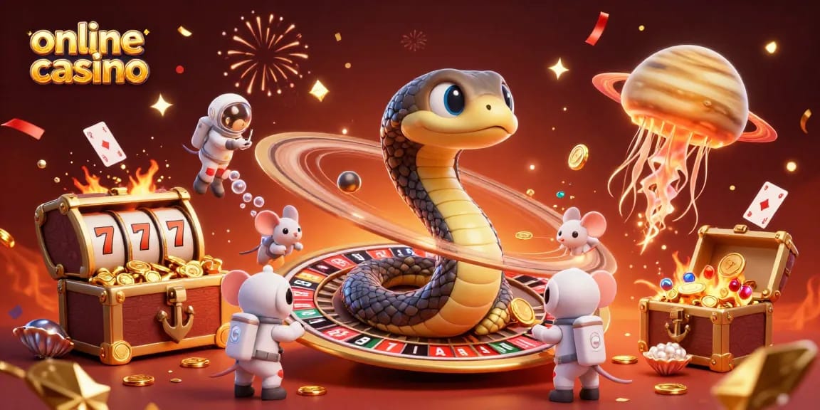 Engaging online casino scene with a Saturn snake roulette wheel and astronaut mice betting.