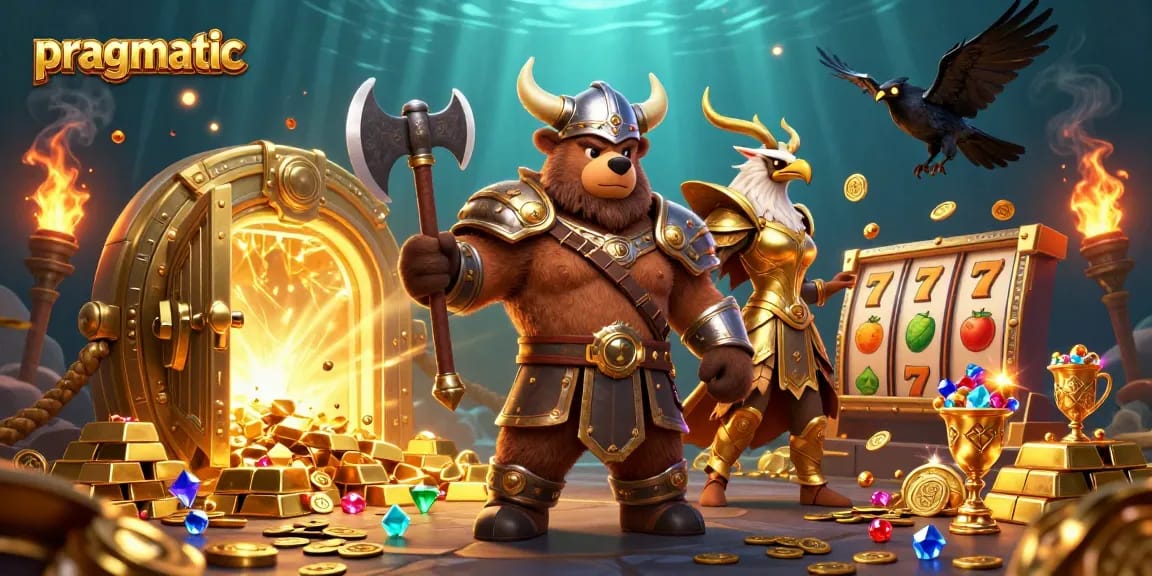 Experience pragmatic gaming excitement with Viking characters and vibrant slot elements in a dynamic scene.