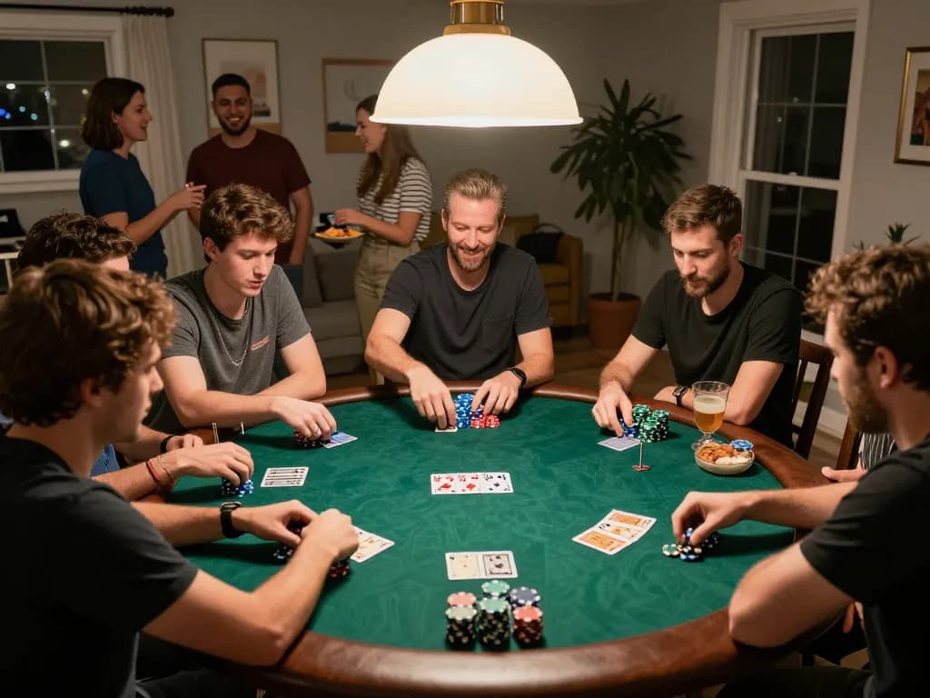 Pemain terlibat dalam permainan poker santai di rumah, menunjukkan chip dan kartu sambil menikmati makanan ringan dan minuman, https://www.gamestoursfestival.com/programme/ menyoroti perjudian sosial.