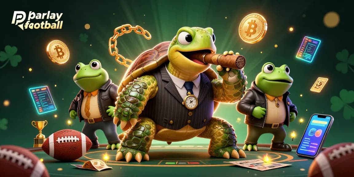 Engage in parlay football action with a vibrant illustration of a snapping turtle and bullfrog enforcers in a casino setting.
