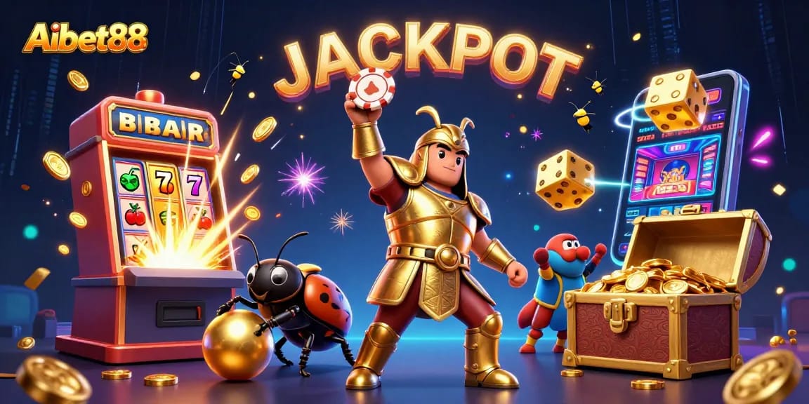 Aibet88 players celebrating a big win with a vibrant jackpot scene featuring animated characters and casino elements.