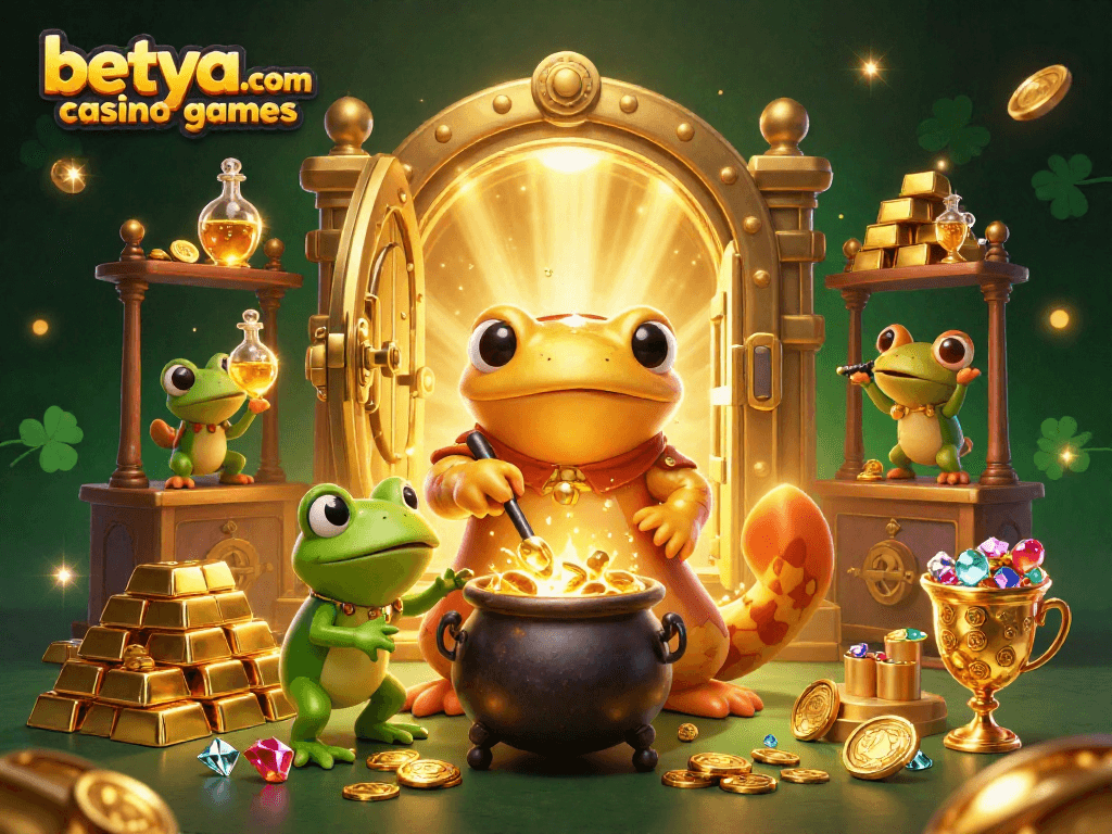 Explore betya.com casino games with a vibrant 3D illustration showcasing a magical alchemist and treasures.