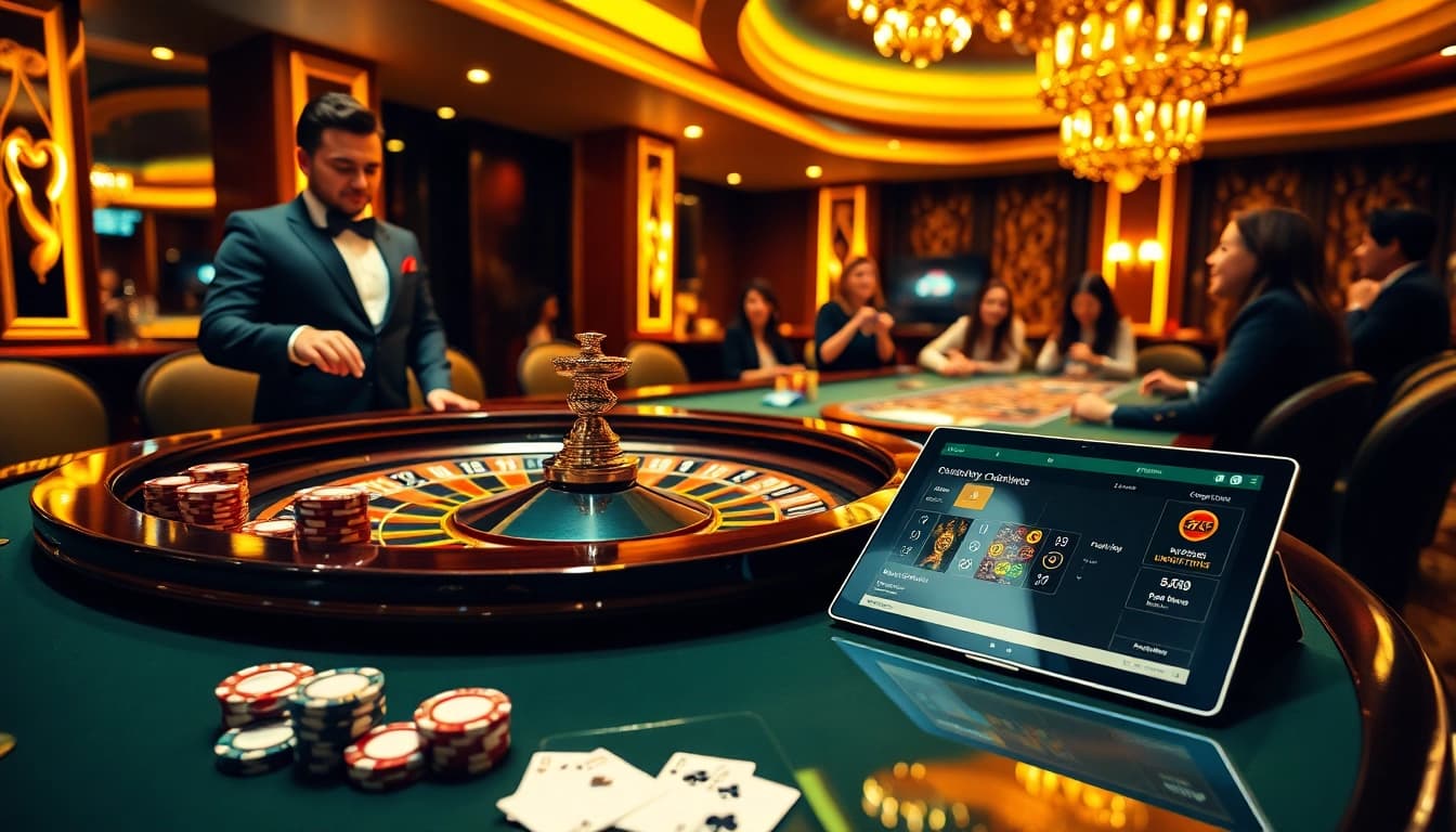 Players engaging in strategic betting at the Ga6789 roulette table in a luxurious casino setting.