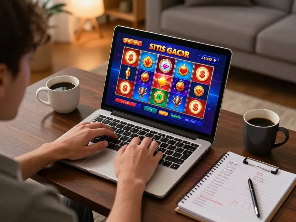 Player engaging with situs gacor slot games on a laptop in a cozy home setting, highlighting strategic online gambling.