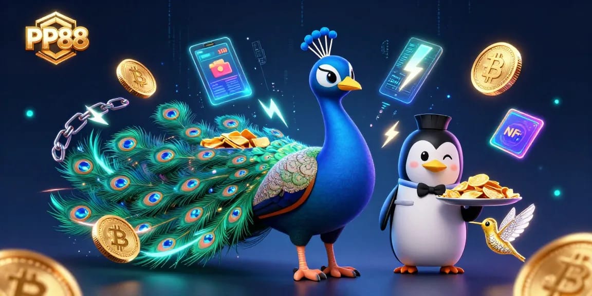 PP88 casino experience with a vibrant peacock and golden chips in a 3D illustration