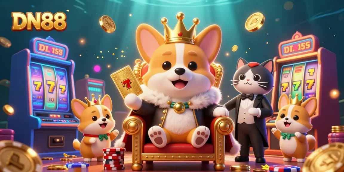 Experience the thrill of DN88 with a royal corgi and casino-themed elements in a vibrant illustration.