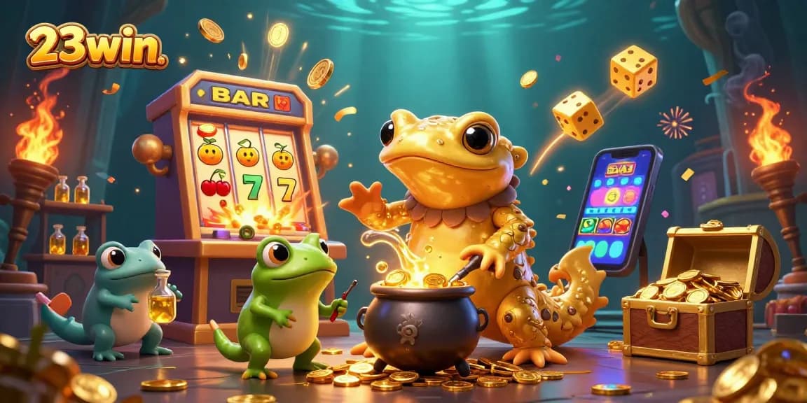 Experience thrilling gameplay with 23win. as the golden salamander alchemist creates coins in a lively casino scene.