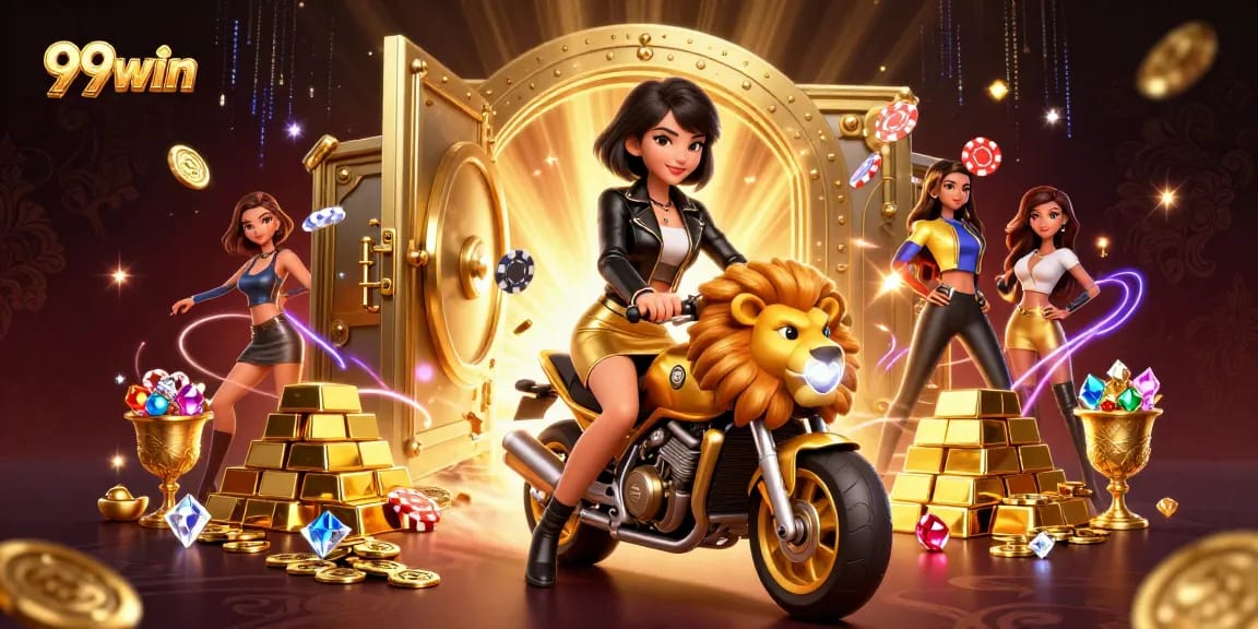 Experience thrilling gaming with 99win in a vibrant casino scene featuring a glamorous rider.