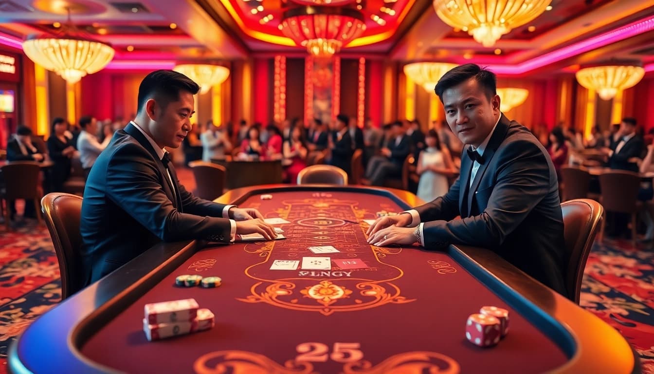 A thrilling game tài xỉu in a luxurious casino setting, featuring vibrant colors and intense player expressions.