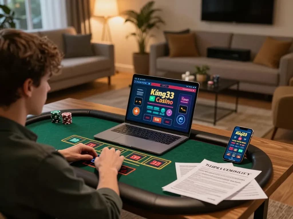 Engaging live dealer game on king33 via laptop in a cozy home setting, emphasizing online gambling.