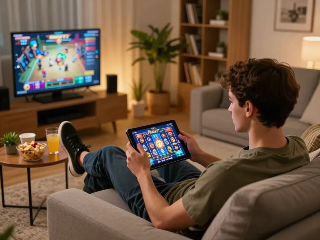 Engaged player enjoying Fokus777 online slot games on a cozy sofa with vibrant graphics.