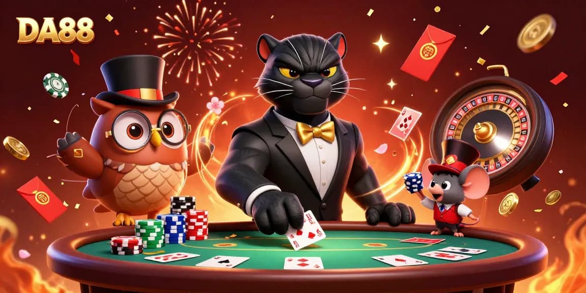 Engage with DA88 as the stylish panther deals cards surrounded by poker elements and festive charms.