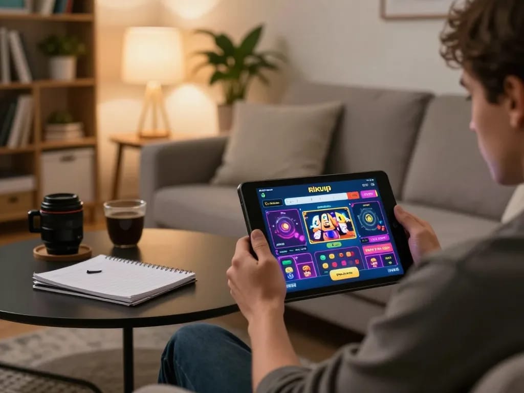 Player engaging with the rikvip casino app on a tablet, surrounded by strategy notes in a cozy home setting.