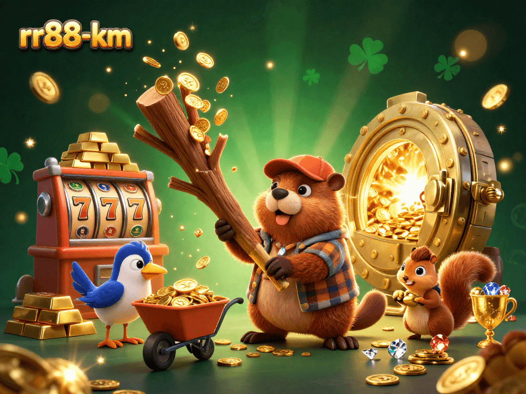 rr88-km showcases a vibrant scene of a beaver winning coins amid slot reels and gold treasures.