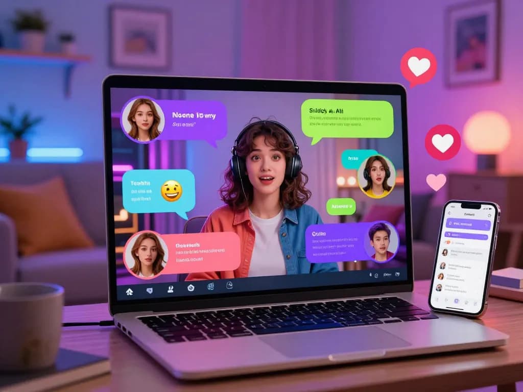 Engaging scene of a user interacting with sex chat ai, showcasing vibrant dialogue and emotional expressions from an AI companion.