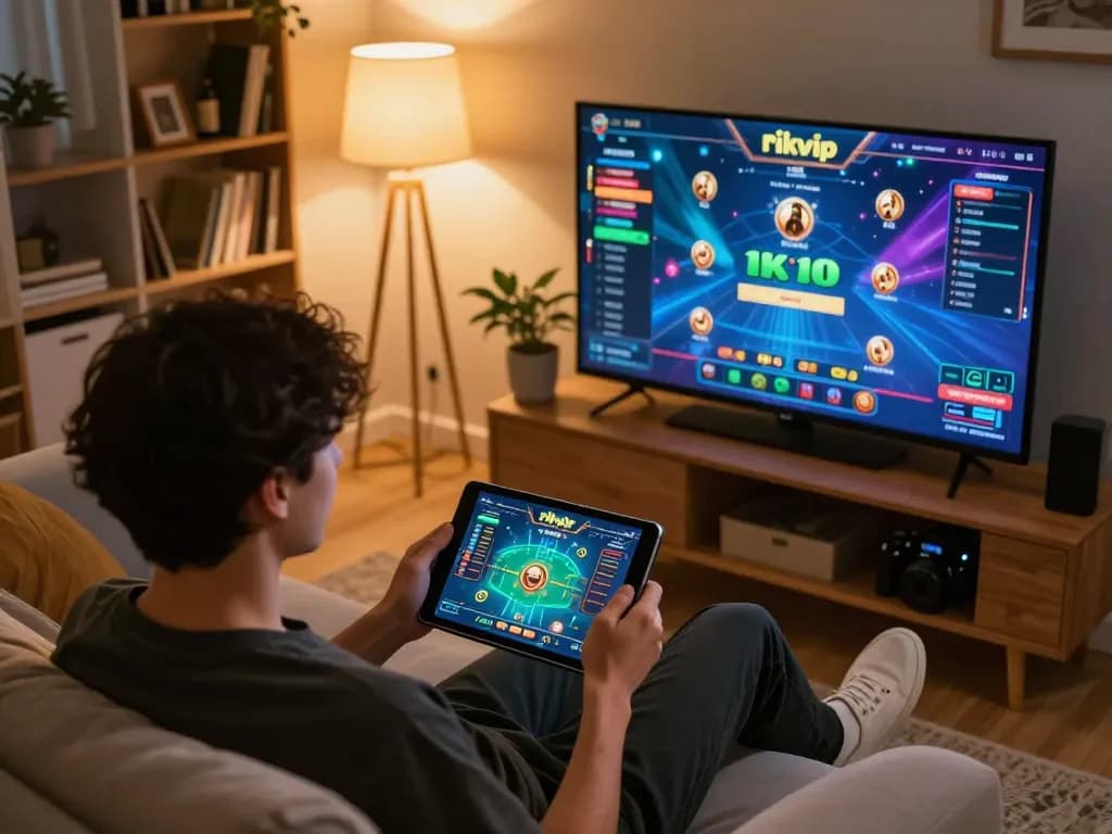 Person celebrating a win while enjoying online games from rikvip on a tablet in a cozy living room