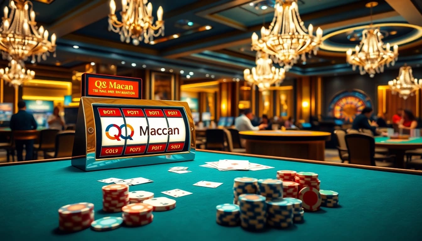 Experience excitement and luxury at QQMacan's premium gambling platform with vibrant slot machines and roulette.