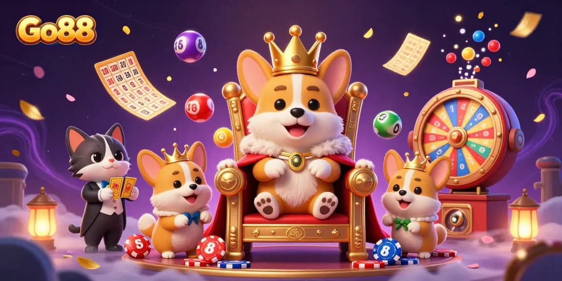 Experience gaming with Go88 through a vibrant scene featuring the royal corgi amidst colorful casino elements.