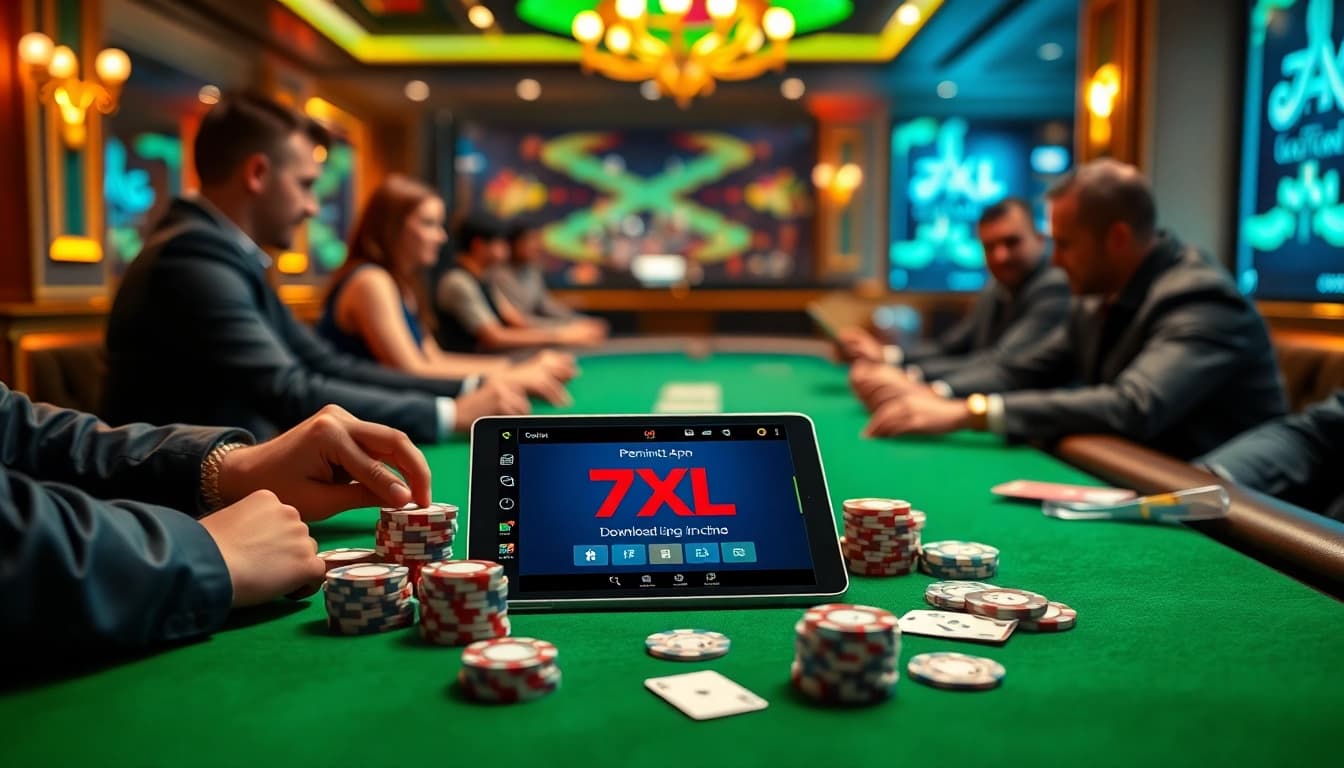 התרגשו מההימורים עם אפליקציית ההורדה של 7xl המוצגת על שולחן פוקר מעוצב.