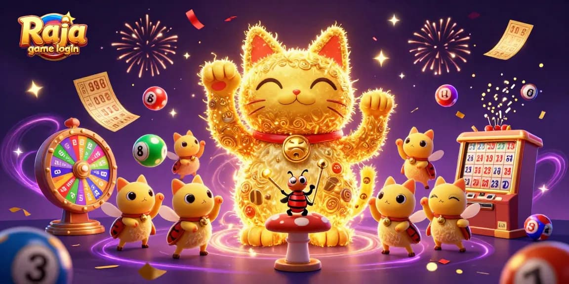 Engage in the excitement of Raja game login with a vibrant illustration showcasing lucky casino symbols and dynamic lottery elements.