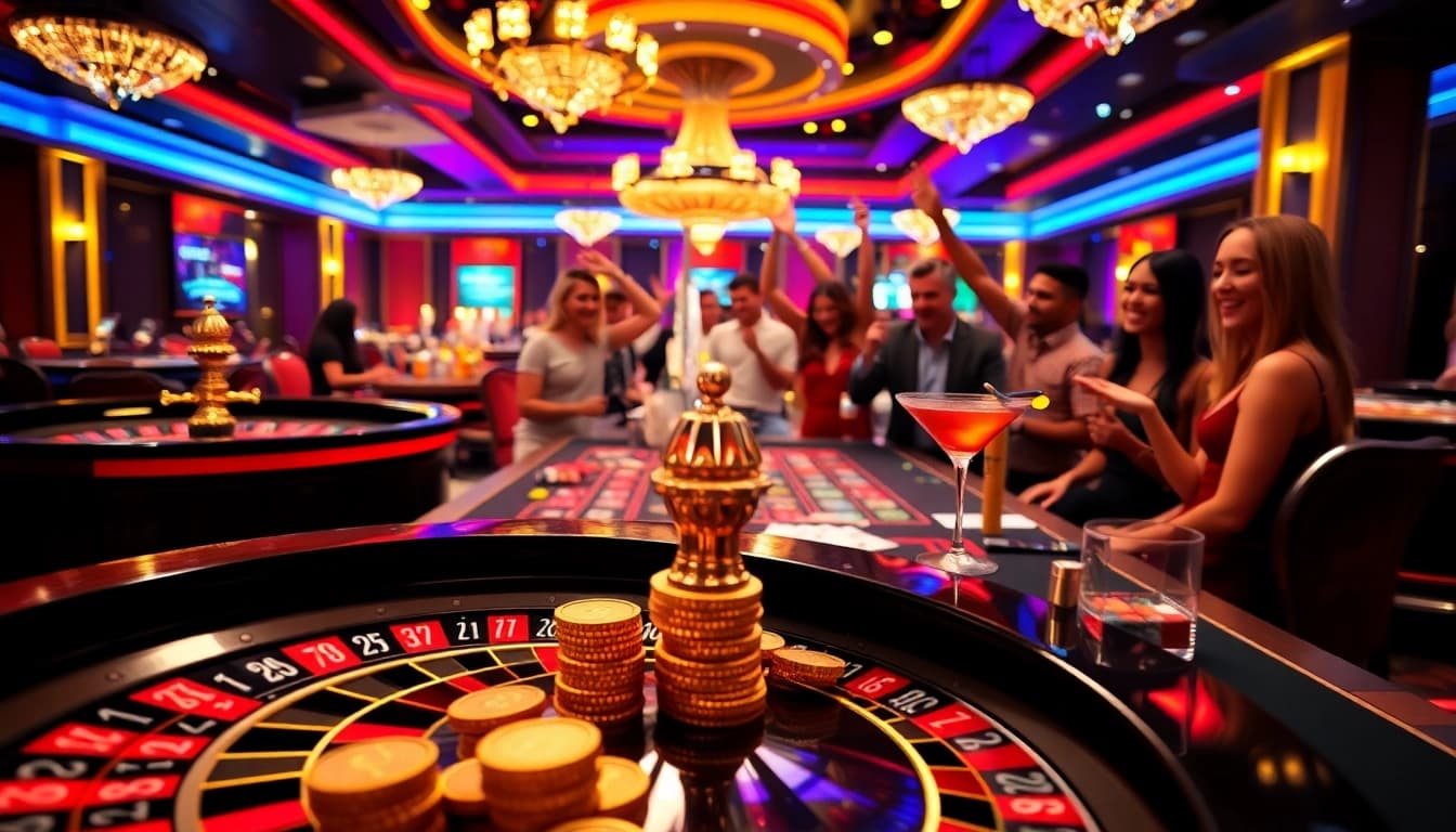 CM88 gamblers celebrating a win at a roulette table in a vibrant casino setting.