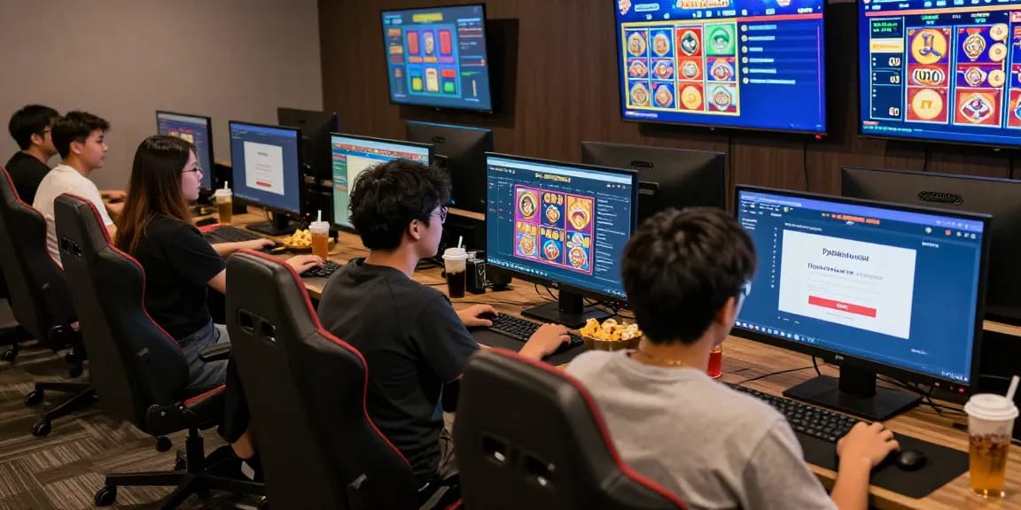 Pajaktoto resmi gaming platform with diverse players enjoying slot games and lotteries in a cozy lounge setting.