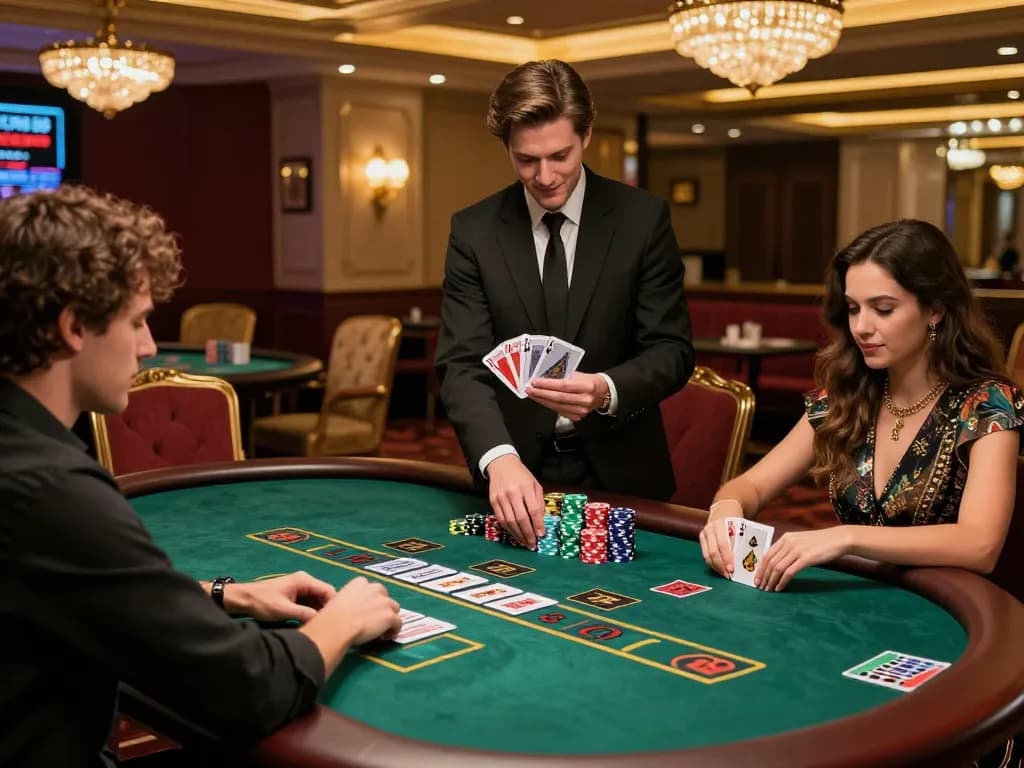 Players enjoying a thrilling blackjack game at CM88 com, showcasing strategic gameplay with colorful chips and exciting dealer interaction.