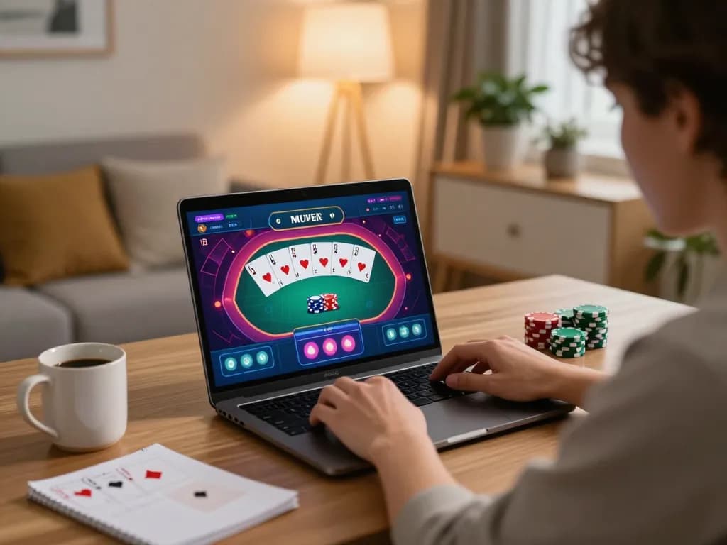 Engaged player strategizing a poker game on vipwin interface at home, highlighting winning tactics.