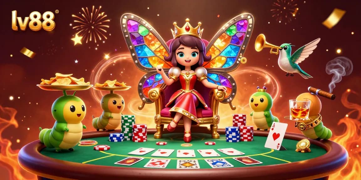 Engage in thrilling gambling with lv88 featuring a vibrant casino scene alive with colorful cards and chips.