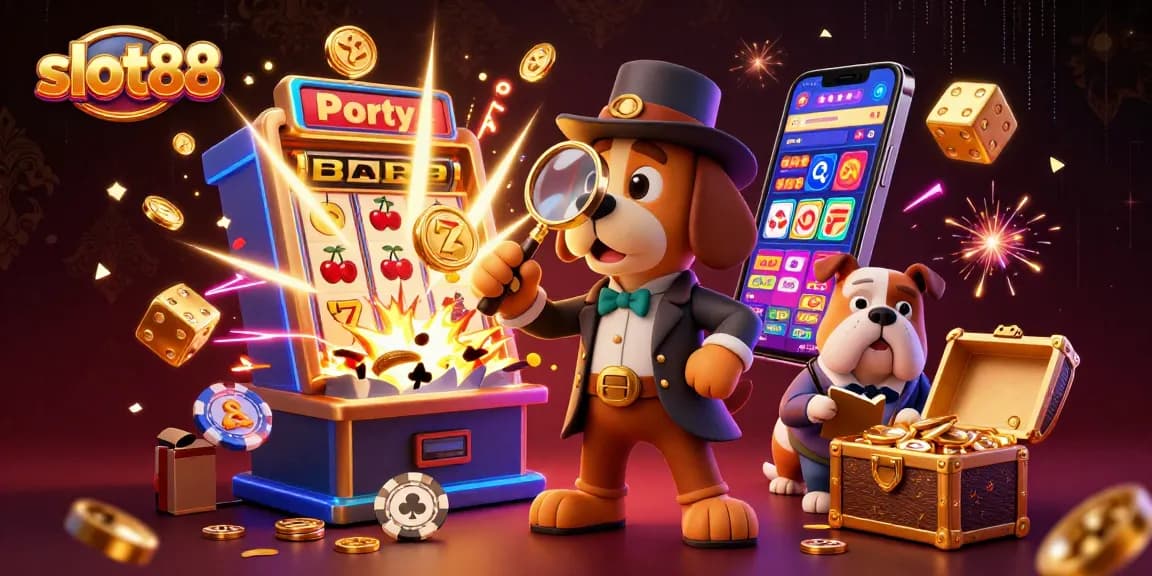 Slot88 menghadirkan ilustrasi kasino interaktif dengan karakter detektif dan elemen permainan menarik.