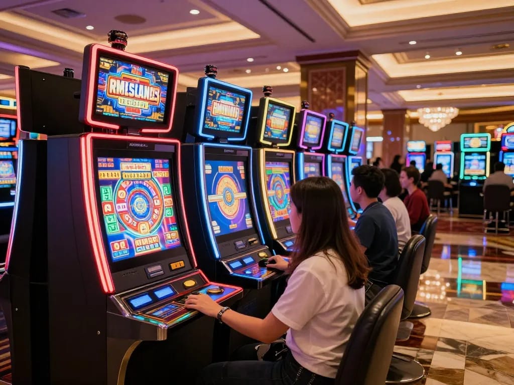Players spin vibrant slot machines in a lively casino, celebrating wins in a colorful atmosphere.