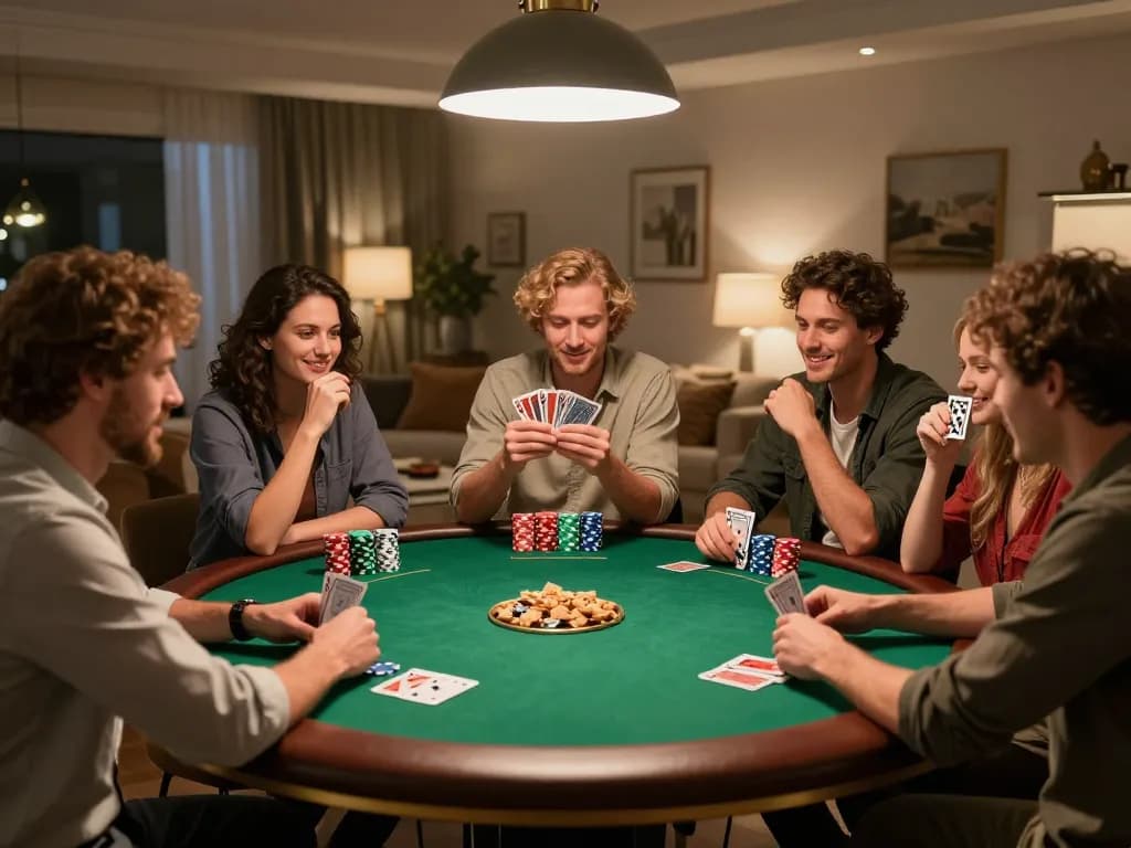 Canadian online casinos engage players in strategic home poker games with friends, showcasing vibrant chips and cards.