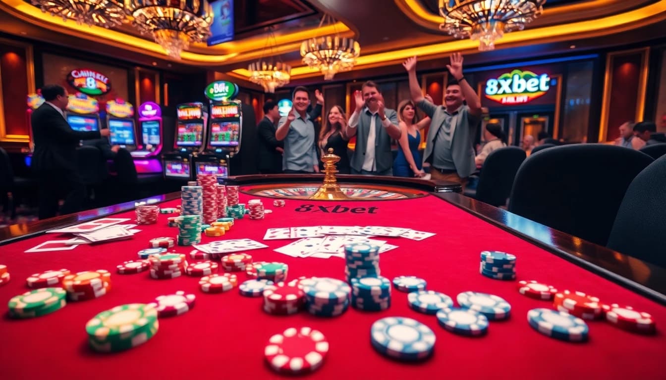 Excited players experiencing vibrant gaming at 8Xbet casino table, with poker chips and roulette wheel.