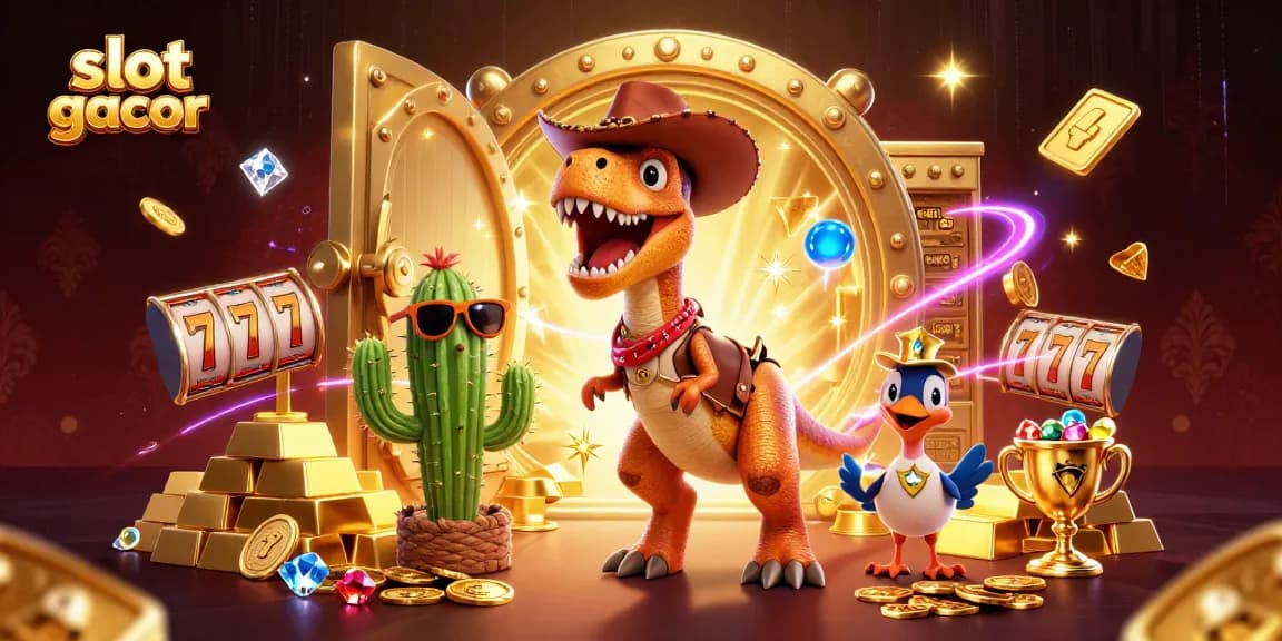 Slot gacor menarik dengan karakter dino cowboy dan elemen kasino yang spektakuler.